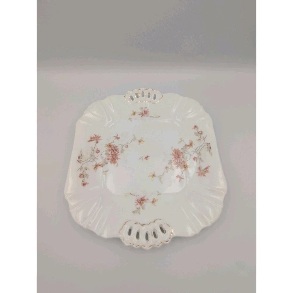 Vintage Leonard Vienna, Austria Porcelain Serving Plate, Floral w Cutout Handles